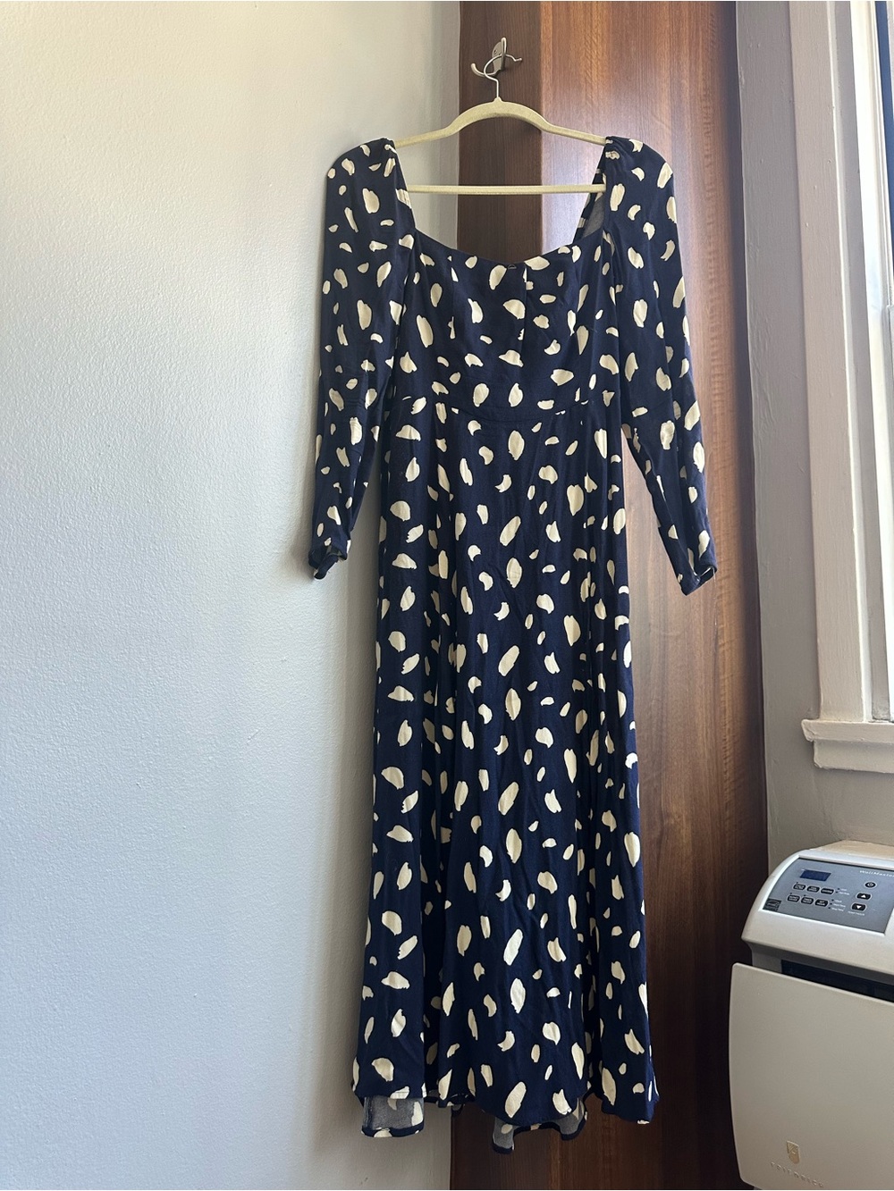 Reformation Sigmund Navy and White Square-Neck Long-Sleeve Midi Dress - Picture 6 of 6